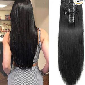 22-inch straight clip-in synthetic hair extensions in natural black, 12 pieces, 180g, full head double weft set for added length and volume.